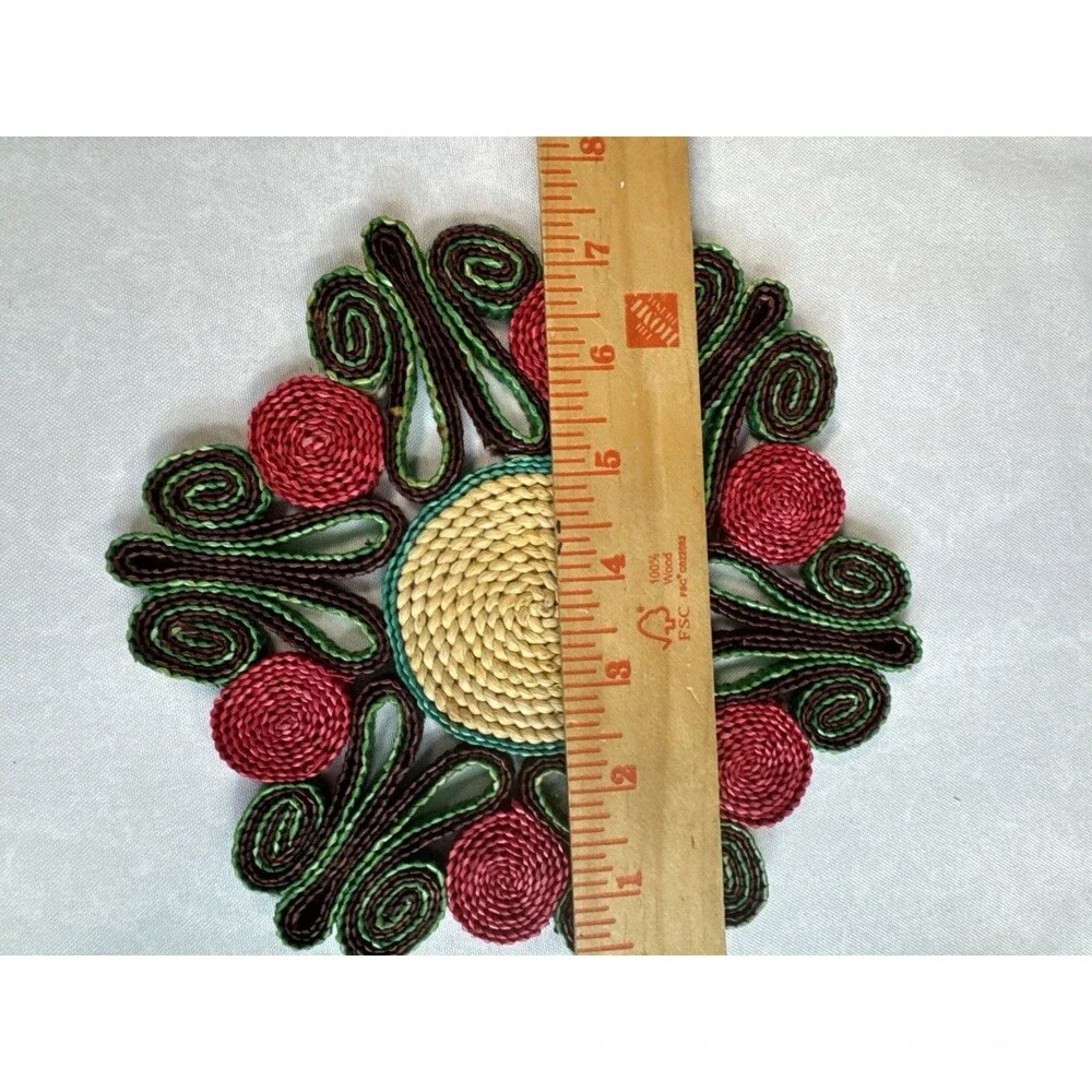 Pair Vintage 1970s Woven Straw Hot Pads Coiled Floral Trivets Boho Wall Decor
